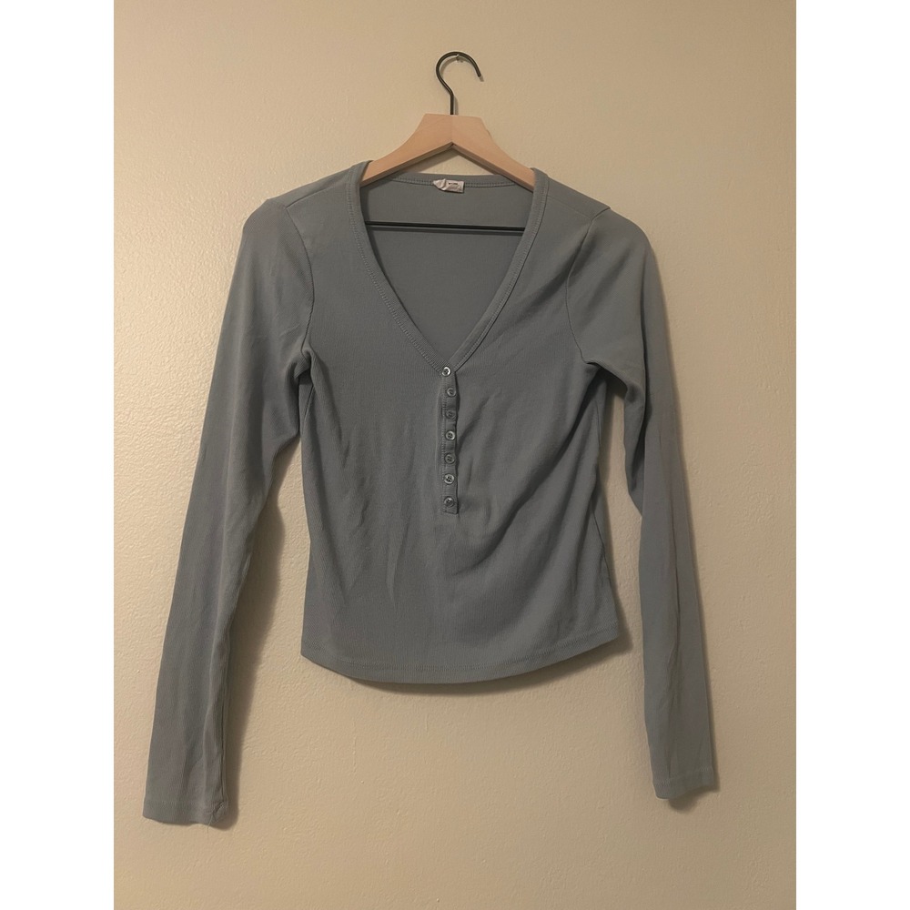 Cotton On Womens Ribbed Henley Long Sleeve V-Neck Top Dusty Blue Size M